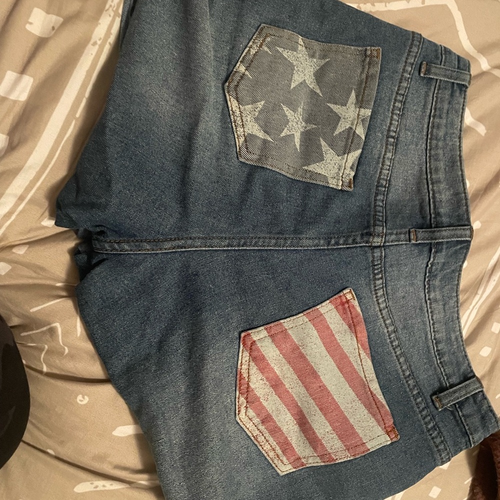 size medium, women’s blue jean shorts.
